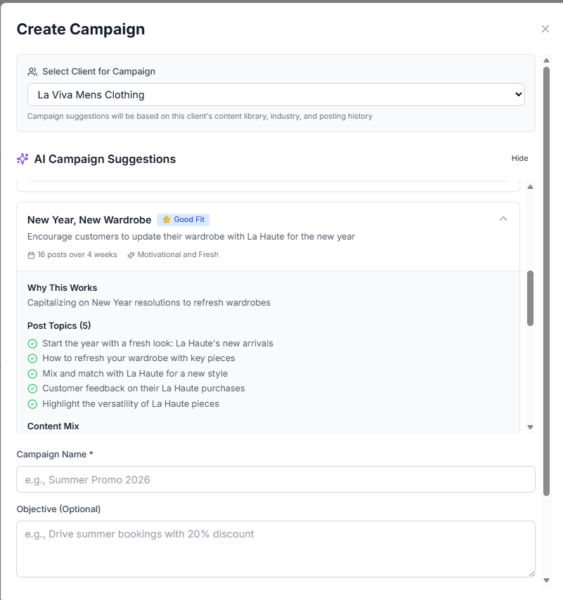 AI Campaign Strategist showing campaign suggestion