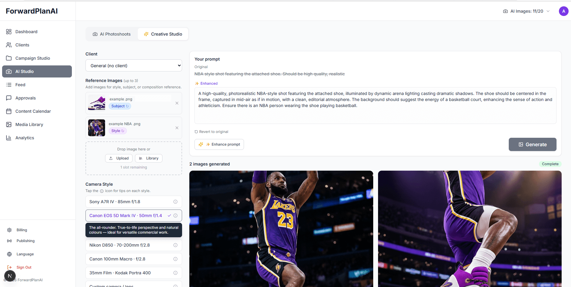 Creative Studio panel showing client selection, enhanced prompt, camera presets, and generated jewellery images